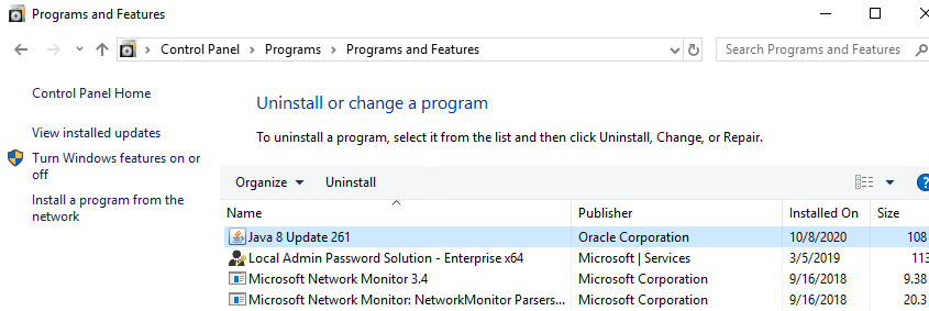Java instalado en la lista de programas en Windows 10 