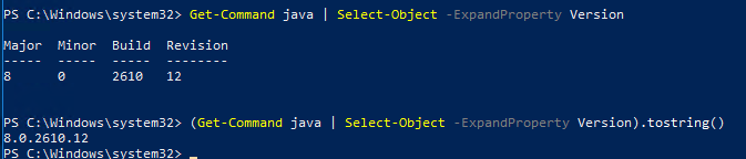 powershell verifica la versión, compilación y revisión de java