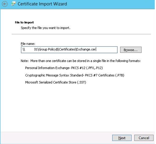 asistente de importación de certificados en gpo
