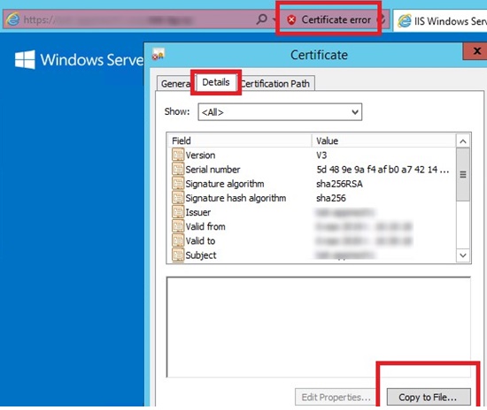 copie el certificado ssl a un archivo cer desde internet explorer