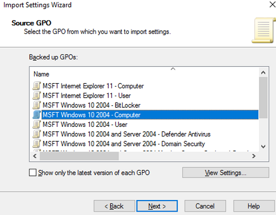 seleccione el GPO de referencia de seguridad de referencia para importar a Active Directory
