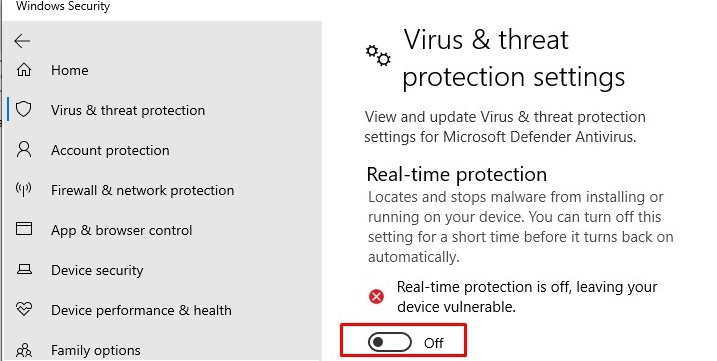 habilitar la protección en tiempo real en Windows 10