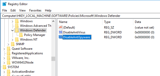 DisableAntiVirus parámetro de registro para deshabilitar defender Windows 10