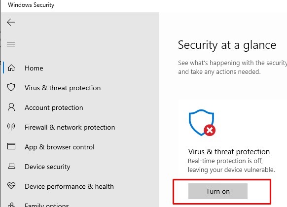 activar la protección contra amenazas de virus en Windows 10