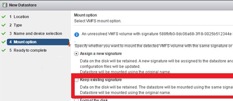conectar vmfs Mantener la firma existente