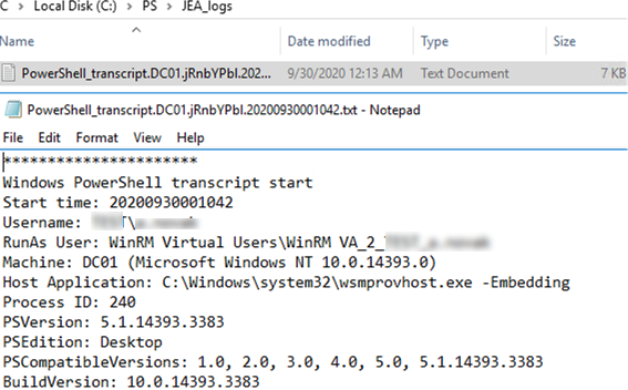 Archivo de registro de administración de Just Enough con sesiones remotas de PowerShell