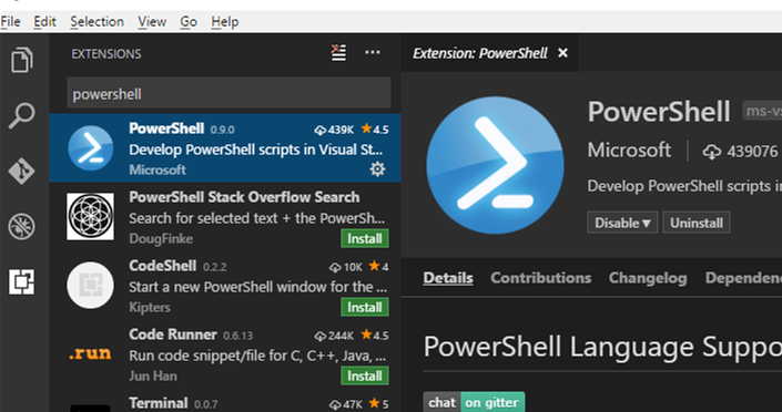 instalar la extensión de powershell para el código de Visual Studio