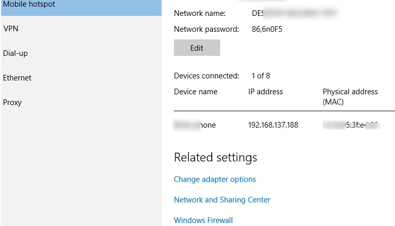 lista de dispositivos conectados al punto de acceso móvil de Windows 10