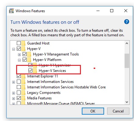instalar la función Hyper-V-Services en Windows 10