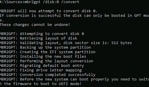 mbr2gpt convierte la tabla de particiones de disco durante la instalación de Windows