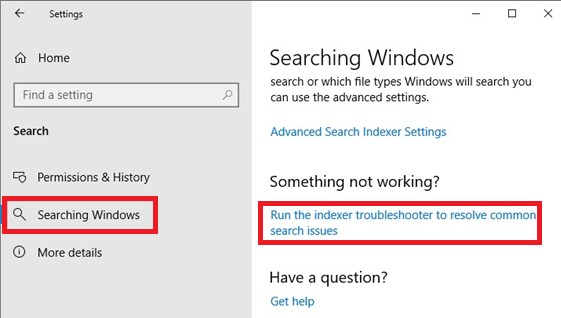 Windows 10 ejecute el solucionador de problemas del indexador