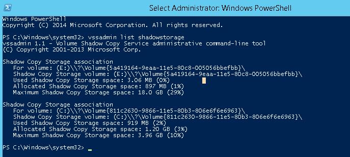 vssadmin list shadowstorage
