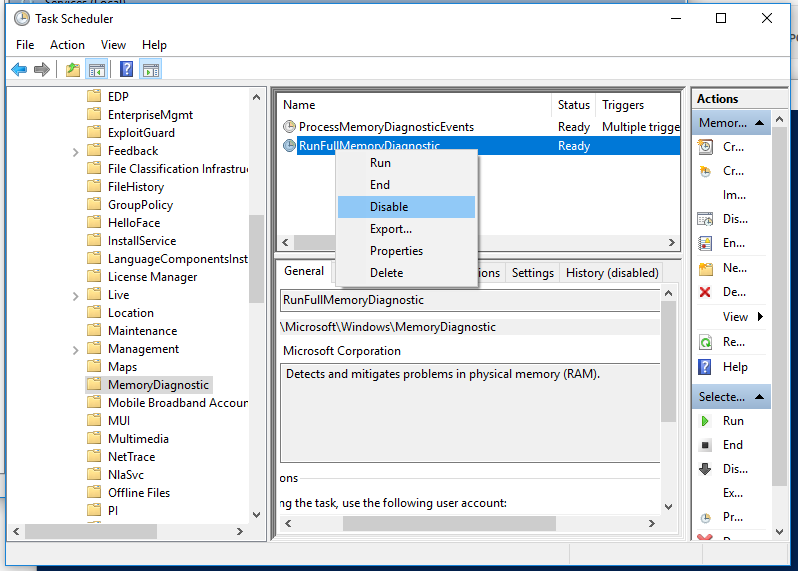 deshabilitar la tarea RunFullMemoryDiagnostic