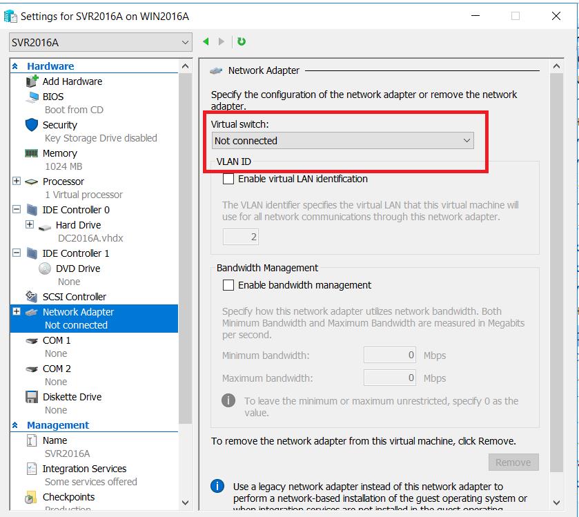 vm aislado de la red en hyper v 2016