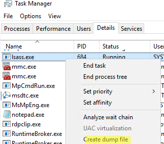 lsass.exe - crear archivo de volcado