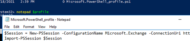 usando el perfil de PowerShell para conectarse a la sesión de intercambio remoto