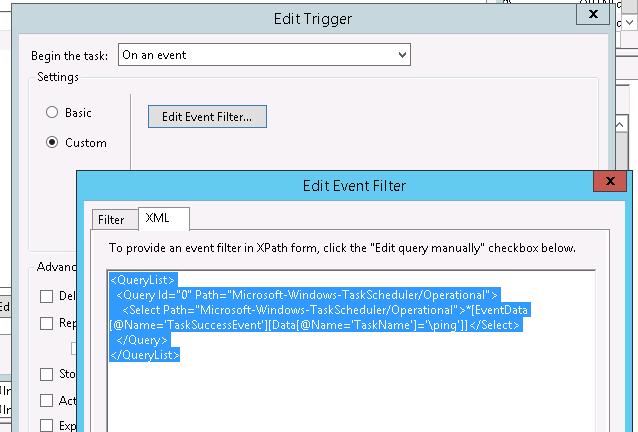 configuración xml del evento