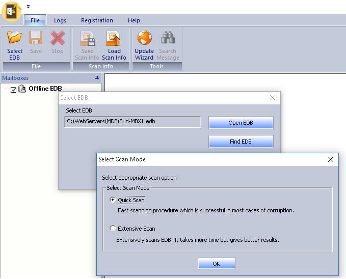 escanear la base de datos del buzón de correo de edb