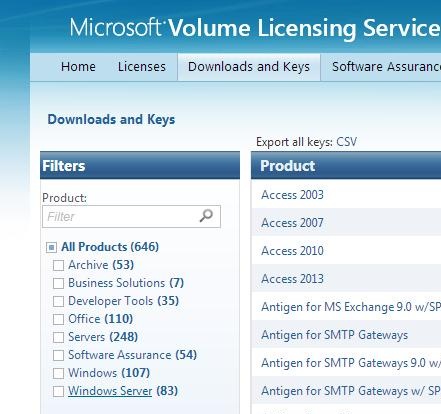 obtenga la clave gvlk para el servicio kms en el sitio de Microsoft