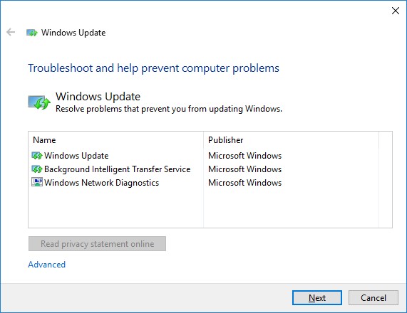 corregir los errores de actualización de Windows con wu10.diagcab 