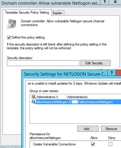 Permitir crear conexiones vulnerables a netlogon usando GPO