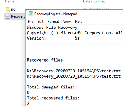 .  Se abrirá automáticamente un directorio con el registro de recuperación y los archivos restaurados.
