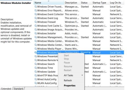 Servicio de instalación de módulos de Windows en estado de detención