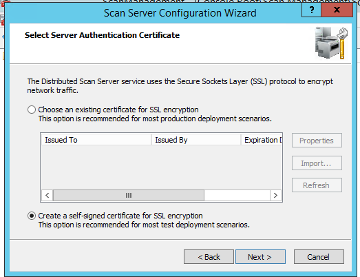 seleccione el certificado SSL de Distributed Scan Server