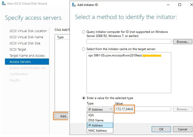 agregue el iniciador iscsi por una dirección IP en el servidor de Windows 