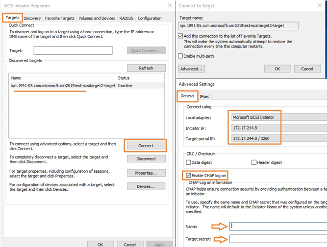 conectar el destino iscsi en el iniciador del servidor de Windows