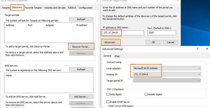 descubrimiento de destino iscsi en el servidor de Windows