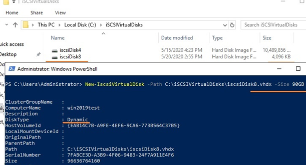 crear un archivo de disco virtual iscsi dinámico con el cmdlet de PowerShell New-IscsiVirtualDisk