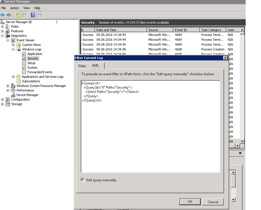Editar consulta XML para filtro de eventos