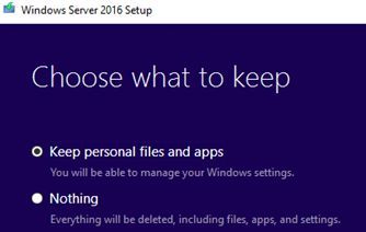 actualizar Windows Server Edition: opción Conservar archivos y aplicaciones personales 