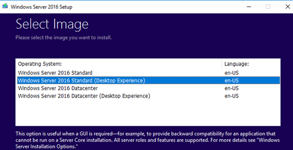 seleccione la versión estándar de Windows Server Downgrade a