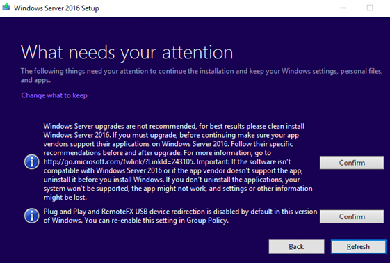 no se recomienda la actualización del servidor de Windows