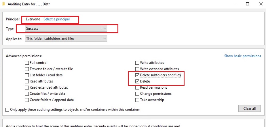 configurar la auditoría de las acciones de eliminación de archivos en la carpeta compartida en la carpeta de Windows Server 2016
