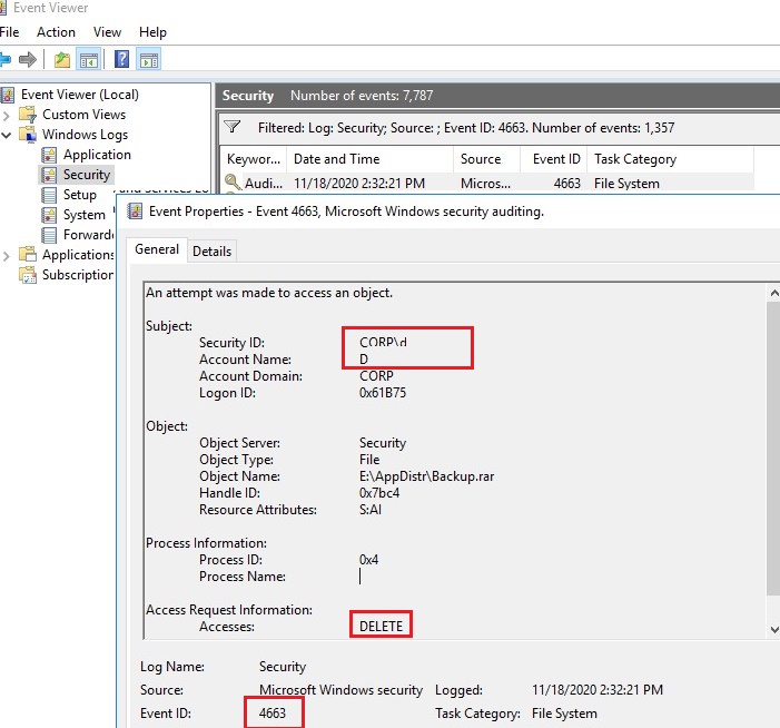 Evento de auditoría de eliminación de archivos 4663 con nombre de usuario en el registro de seguridad 