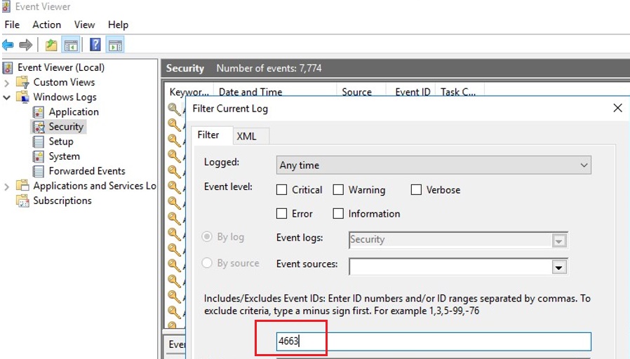 ID de evento de eliminación de archivo 4663 en el registro de seguridad del visor de eventos de Windows 