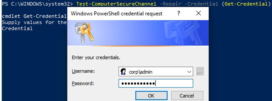 Reparar la relación de confianza del dominio con el cmdlet de PowerShell Test-ComputerSecureChannel