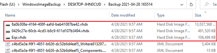 archivos vhdx con imágenes de disco duro en la carpeta WindowsImageBackup