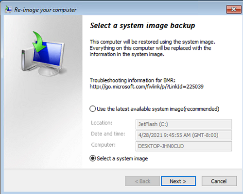 Vuelva a crear una imagen de su computadora usando la copia de seguridad de la imagen del sistema