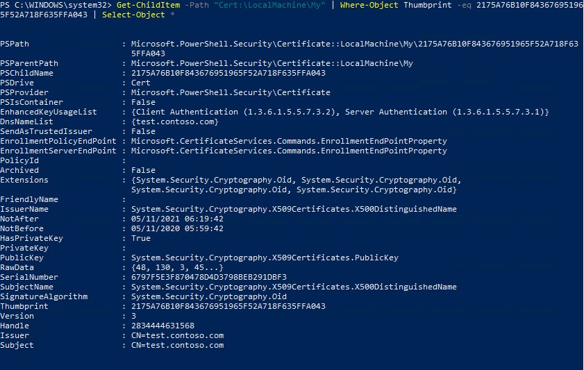 enumerar las propiedades del certificado autofirmado con powershell