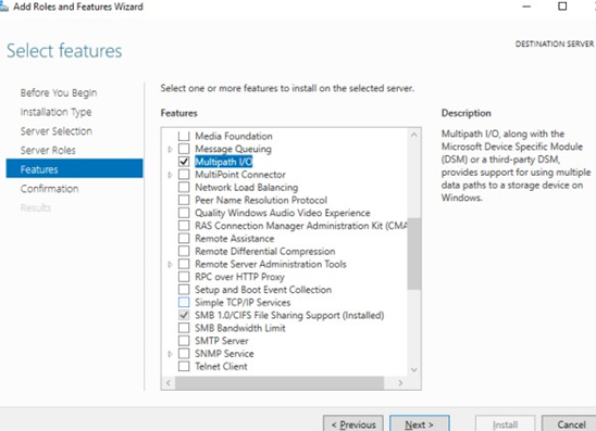 Instale la función MPIO en Windows Server a través del Administrador del servidor