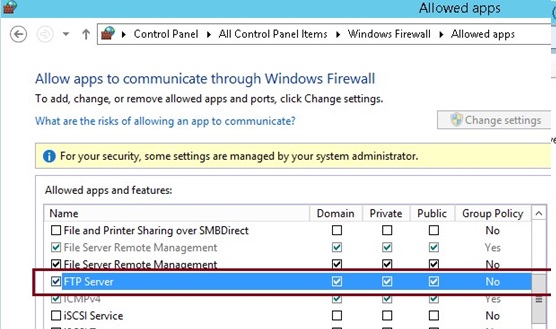 servidor ftp servidor de windows 2012 r2: reglas de firewall