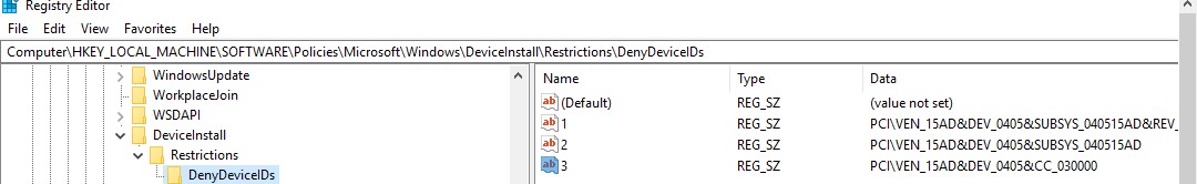 Registro denegar DeviceInstall -> Restricciones -> DenyDeviceIDs» width=»1080″ height=»166″  /></p>
<p>Puede deshabilitar las actualizaciones de controladores para tipos de dispositivos específicos (impresoras, tarjetas de sonido, controladores USB, etc.) mediante la política «<strong>Impedir la instalación de dispositivos con controladores que coincidan con estas clases de configuración de dispositivos «</strong>.  Para hacer esto, debe especificar el GUID de la clase de dispositivo.  Por ejemplo, {4d36e972-e325-11ce-bfc1-08002be10318} es una clase de adaptadores de red, {4d36e979-e325-11ce-bfc1-08002be10318} y {4658ee7e-f050-11d1-b6bd-00c04fa372a7}: impresoras, etc.</p>
<h2 id=