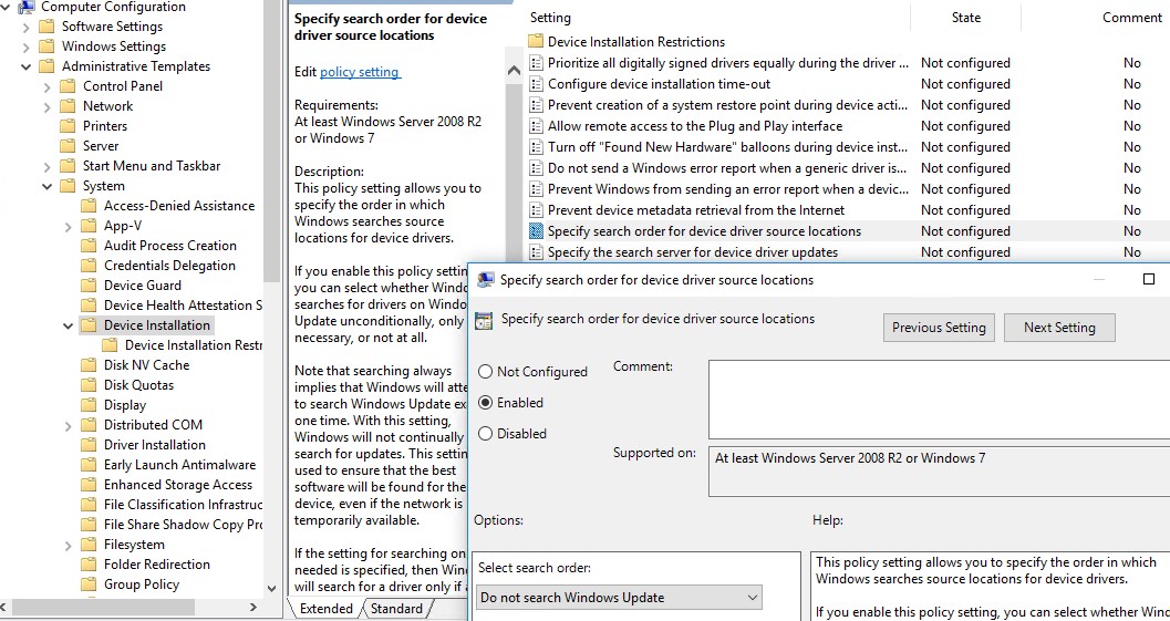 No busque actualizaciones de controladores en Windows Update