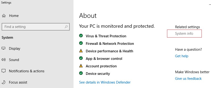 página de información del sistema win10