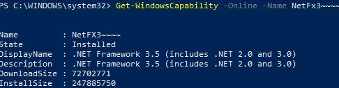 Estado de instalación de Get-WindowsCapability NetFx3